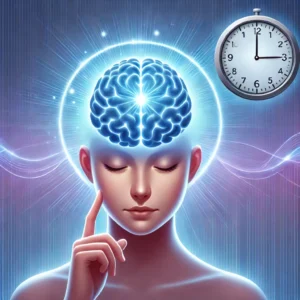 DALL·E 2025-03-03 15.44.56 - A person practicing a quick 2-minute brain exercise, with a glowing brain symbolizing enhanced mental clarity and sharpness. The background has calmin