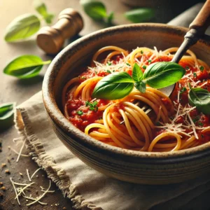 DALL·E 2025-03-09 22.03.38 - A steaming bowl of freshly cooked pasta with a rich tomato sauce, garnished with fresh basil and grated Parmesan cheese. The pasta is served in a rust
