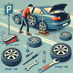 DALL·E 2025-03-10 10.57.17 - A step-by-step visual guide on how to change a car tire. The image should depict a person safely changing a tire on the side of the road. Include esse